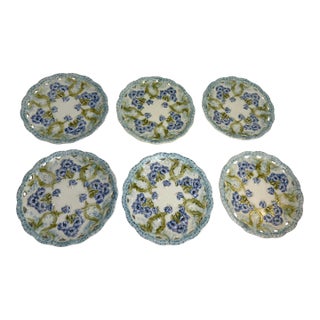 Set of 6 Antique Villeroy & Boch Reticulated Majolica Violet Plates For Sale