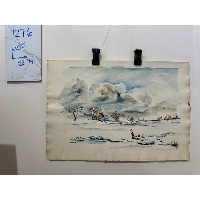 Paper Henry Emil Salloch Original Watercolor on Paper Snowfield Under Heavy Skies. 1948. For Sale - Image 7 of 7