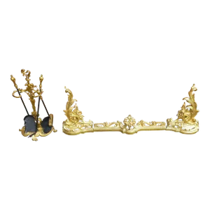Louis XV Style Gilt Brass 3-Part Fire Fender, Tool Stand With Three Tools Set