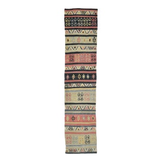 1960 Vintage Turkish Kilim Runner Rug, Handwoven Wool Hallway Runner, Tribal Boho Kitchen Rug, Geometric Anatolian Area Rug For Sale