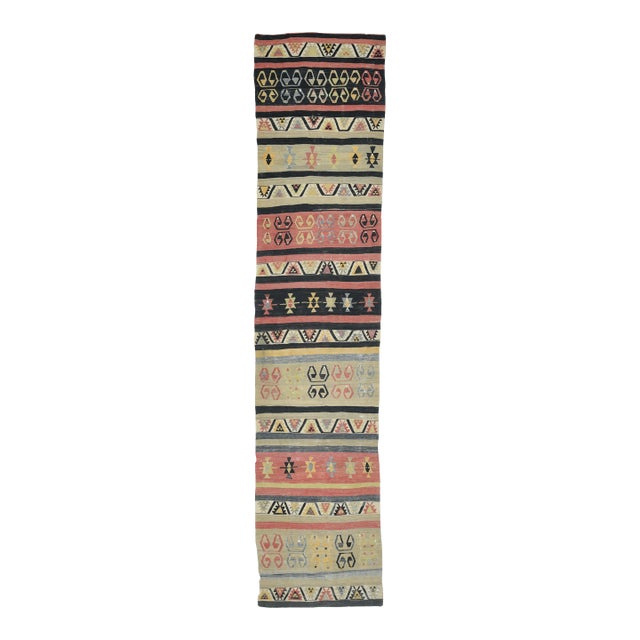 1960 Vintage Turkish Kilim Runner Rug, Handwoven Wool Hallway Runner, Tribal Boho Kitchen Rug, Geometric Anatolian Area Rug For Sale