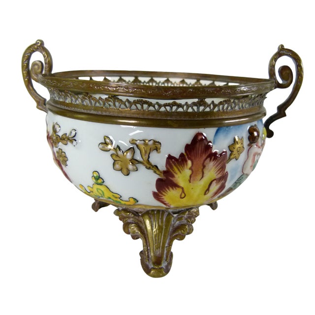 Vintage French "N" Mark Footed Cherub Bowl With Ormolu Trim & Floral Interior | Two Handled | Blue Crowned N For Sale - Image 4 of 13