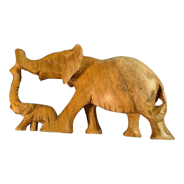 Vintage Mid-Century Kenyan Hand-Carved Hardwood Elephant Mother & Baby Figurine For Sale