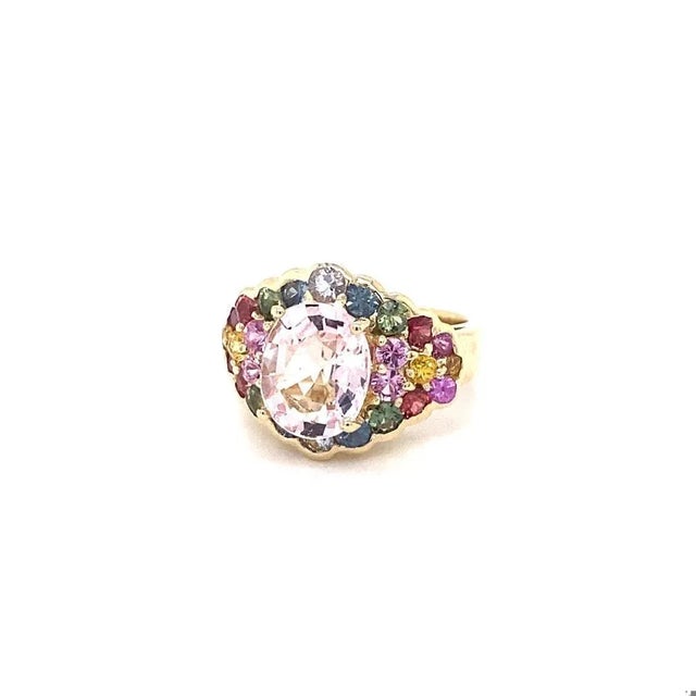 4.83 Carat Pink Morganite Multicolor Sapphire Yellow Gold Cocktail Ring, Size 5.5 For Sale - Image 4 of 7