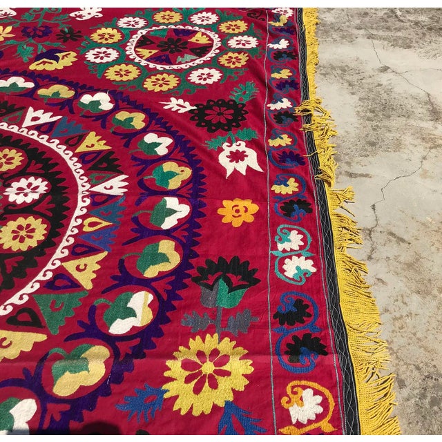 Traditional Vintage Dark Pink Suzani Fabric For Sale - Image 3 of 8