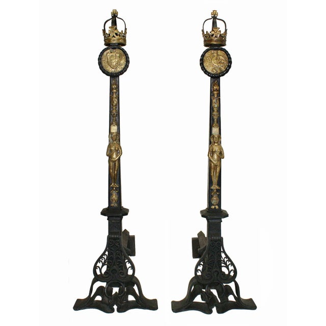 Metal Andirons Antique With Scrollwork Supports and Bronze Figural and Torch Motifs - A Pair For Sale - Image 7 of 7