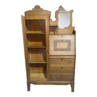 Antique Oak Side by Side Secretary Bookcase With Wavy Glass and Beveled Mirror For Sale
