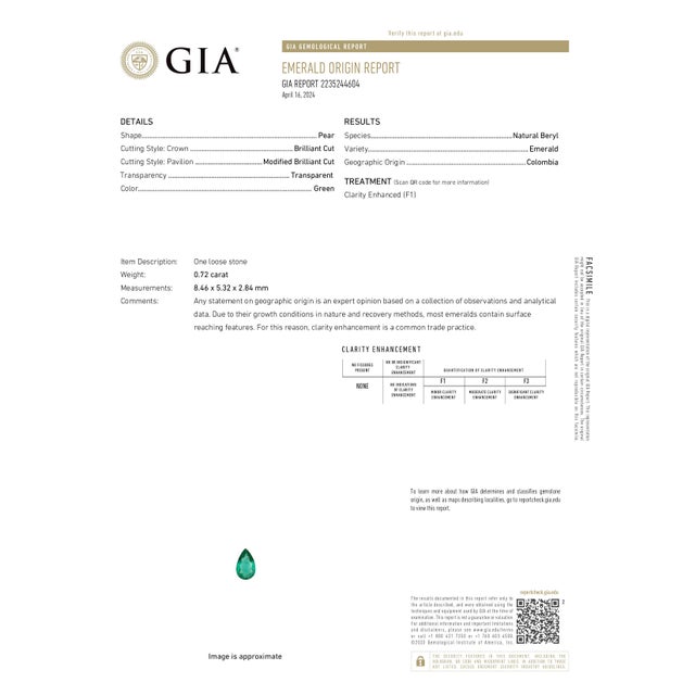 This beautiful ring features a 0.71 carat pear shape colombian emerald gemstone with natural earth mined diamonds, all set...