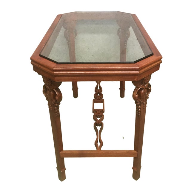 19th Century English Arts & Crafts Elm and Burl Carved Side Table, Glass Top For Sale - Image 4 of 11