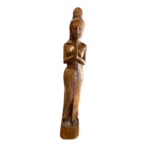 1940s Life Size Hand Carved Teak Wood Sawasdee Women Greeter Statue