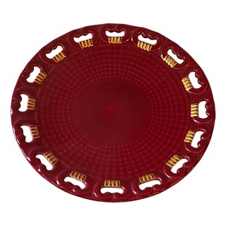 Large Model No. 4162 Openwork Platter in Ruby ​​Red Glazed Earthenware with Gilt Highlights Blanche Letalle for Saint-Clément, 1950s For Sale