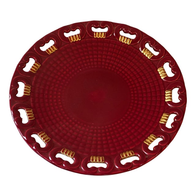 Large Model No. 4162 Openwork Platter in Ruby ​​Red Glazed Earthenware with Gilt Highlights Blanche Letalle for Saint-Clément, 1950s For Sale