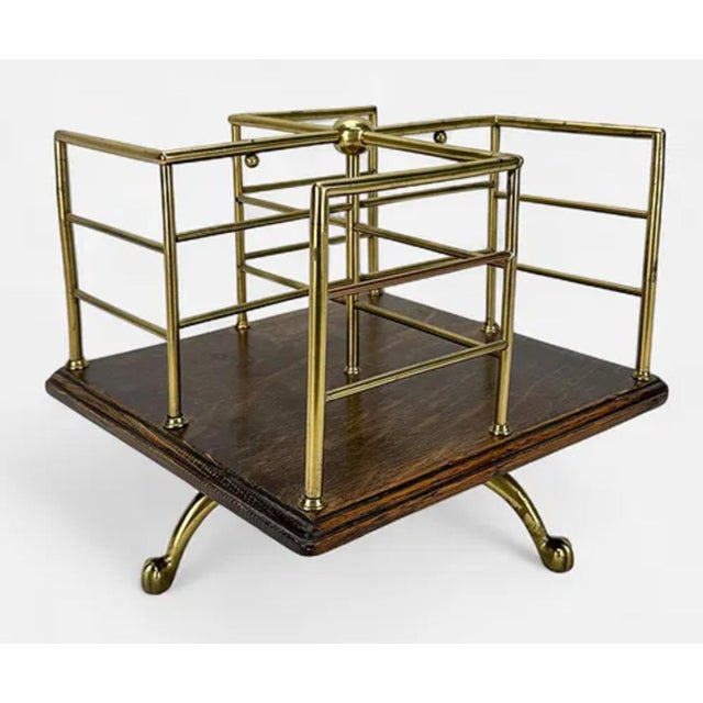 Antique Table Top Brass & Oak Rotating Book Stand.