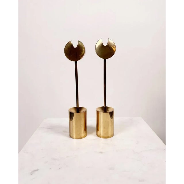 Sculptural candlesticks in solid brass by Pierre Forssell for Skultuna, 1960s. For slender candles with 13 mm diameter....