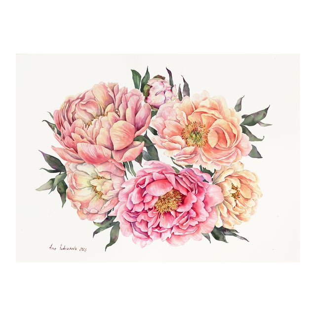 Peonies - Floral Watercolor Painting on Paper Original Artwork by Anna Kudriashova For Sale