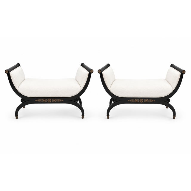 Pair French Empire Style Ebonized & Brass Mounted Upholstered Benches For Sale In San Diego - Image 6 of 6
