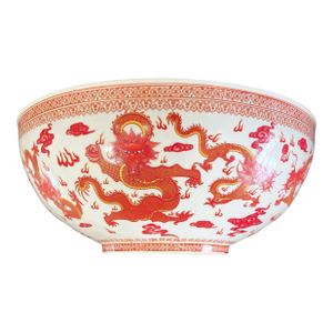 Large Chinoiserie Famille Rose Eggshell Porcelain Bowl Red Dragons 17" Diameter