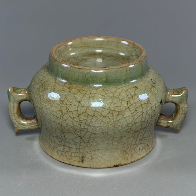 Vintage‑Style Chinese Longquan Celadon Crackled Censer With Double Handles For Sale - Image 6 of 7