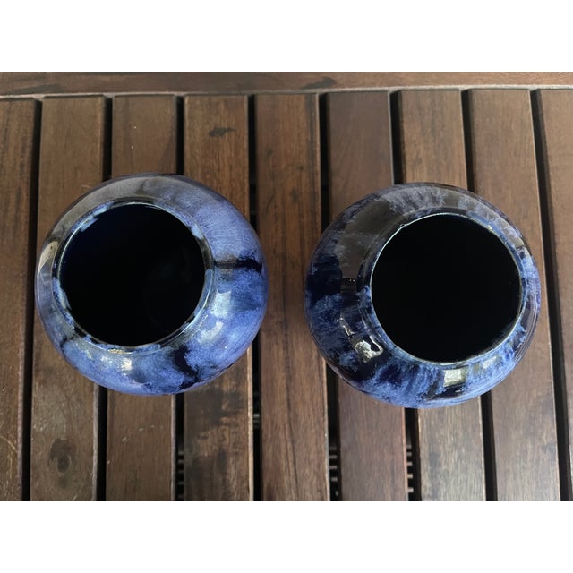 Art Deco Antique Brush McCoy Cobalt Blue Onyx Art Pottery Drip Glazed Vases 6" - Pair For Sale - Image 3 of 6