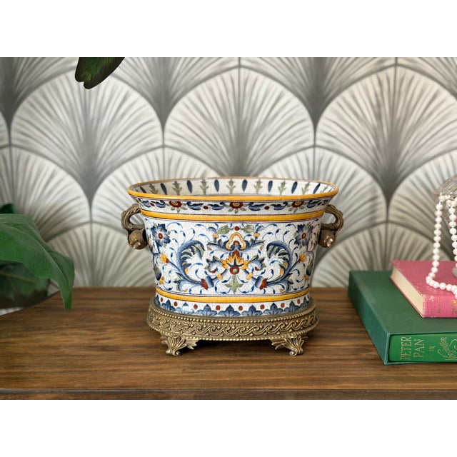 Art Nouveau Vintage Porcelain Crackle Glaze Floral Jardinière Brass Ormolu-Style Footed Cachepot Planter Vase For Sale - Image 3 of 17