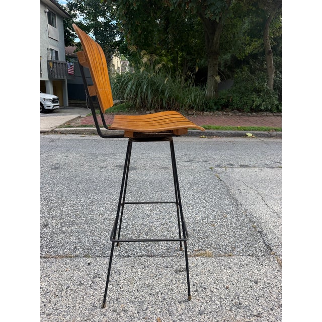 1970s Mid Century Arthur Umanoff Wood Slatted Bar Stool For Sale - Image 5 of 11
