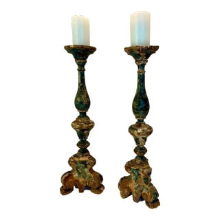 Antique Mid 18th Century Italian Alter Sticks Unaltered Blue and Grey - a Pair For Sale