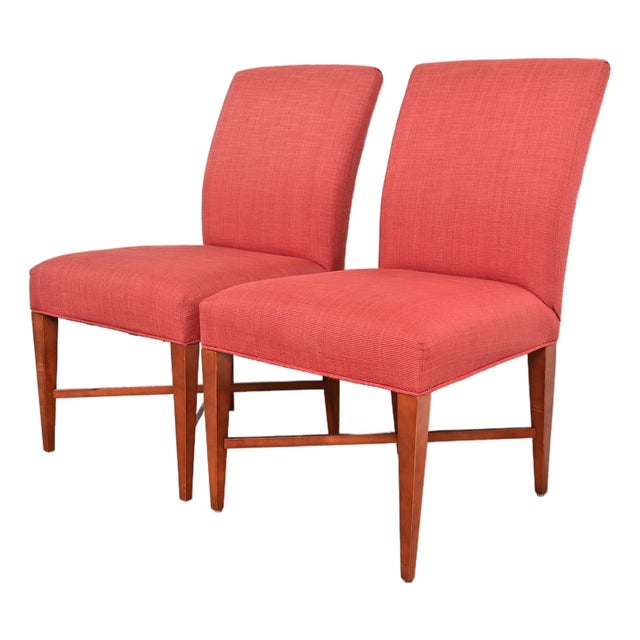 Baker Furniture Modern Regency Sycamore Wood Upholstered X-Base Side Chairs or Dining Chairs, Pair For Sale