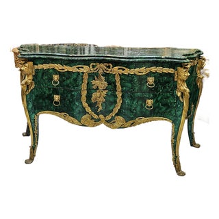 Bottle Green Majesty – French Louis XV Commode With Marble-Effect Finish, Gilded Bronze Accents & Lion-Head Handles For Sale