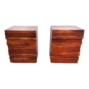 MCM Solid Exotic Wood Nightstands Rustic Brutalist Pair