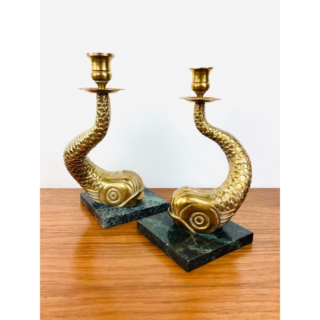 Art Deco Vintage Antique Dolphin / Fish Brass & Marble Pair of Candle Holders For Sale - Image 3 of 8