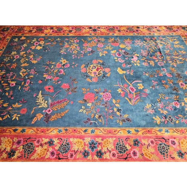 Oversize Chinese Art Deco Oversize Rug, Hand-Knotted Wool, Floral Design, 1920s For Sale - Image 9 of 18