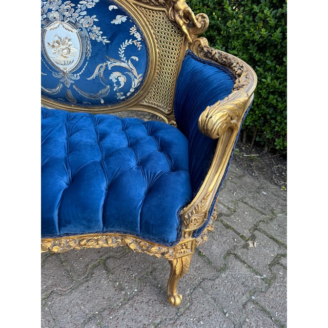 1940 French Louis XVI Gold Beech Blue Velvet Settee For Sale - Image 11 of 18