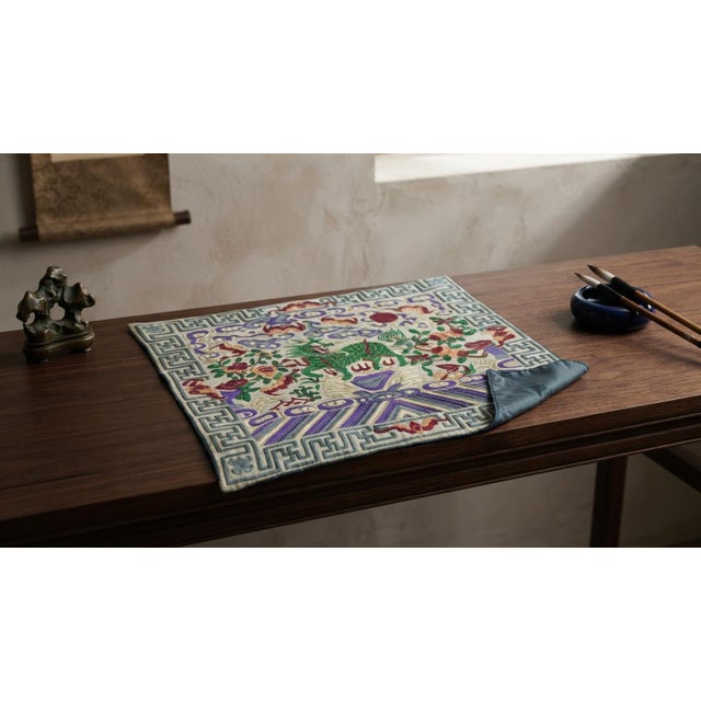 Asian Rectangular Green Kirin Bats Blossom Flower Fabric Display Art For Sale - Image 10 of 10