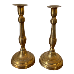 Pair of English Polished Brass Candlesticks, 19th Century