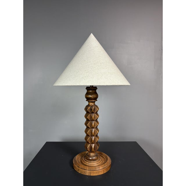 Brutalist French Wood Turned Table Lamp by Charles Dudouyt, 1940s For Sale - Image 9 of 9