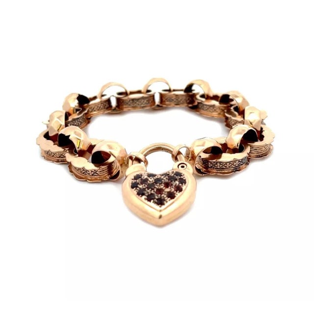 Contemporary Vintage 14k Rose Gold Garnets Heart Clasp Charm Oval Link Bracelet For Sale - Image 3 of 5