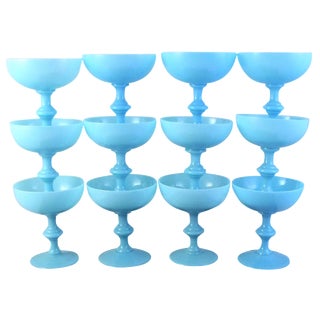 Vintage Portieux Vallerysthal French Blue Opaline Champagne Coupes - Set of 12 For Sale