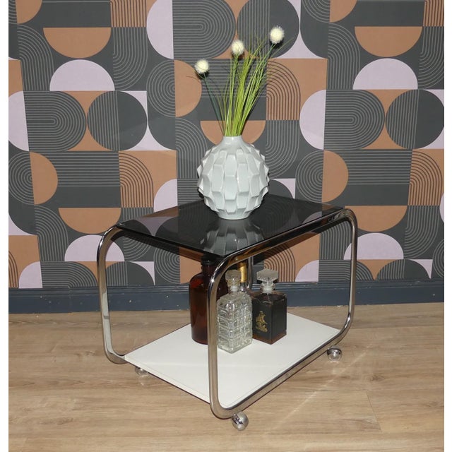 Vintage Bar Cart in White Chrome Glass, 1970s For Sale - Image 9 of 11