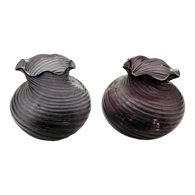 Vintage Hand Blown Swirl Seeded Glass Amethyst Vases - Set of 2 For Sale