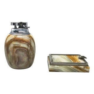 Mid-Century Modern Italian Onyx Smoking Set with Table Lighter & Ashtray, 1960s, Set of 2 For Sale