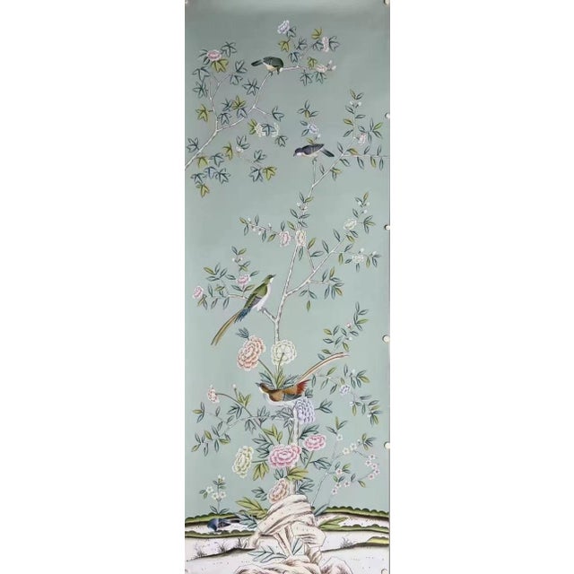 Chinoiserie Sage Green Chinoiserie Mural | 3-Panel Hand-Painted Floral & Bird Wallpaper For Sale - Image 3 of 4