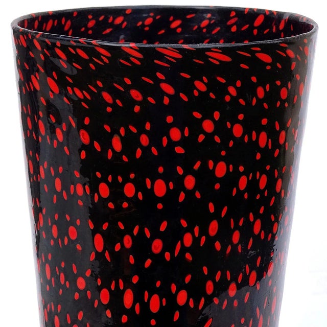 Rare and large Murano hand blown black murrines with bright red orange design Italian art glass flower vase. Attributed to...