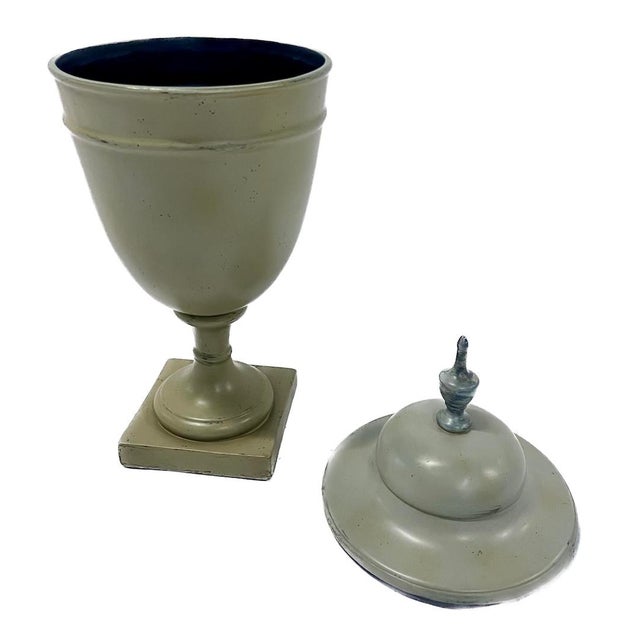 French Vintage Ceramic Olive Painted Urn W/Lid For Sale - Image 3 of 5