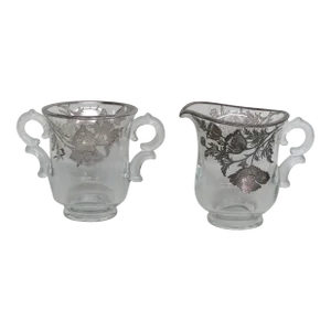 Flowers Silver Overlay Clear Glass Set of Sugar Bowl and Creamer