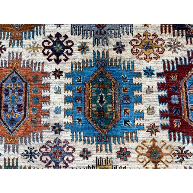 Ivory & Blue Afghan Sultani Natural Dye Wool Rug, Tribal Geometric Medallions, 6′8″ × 9′11″ For Sale - Image 12 of 15