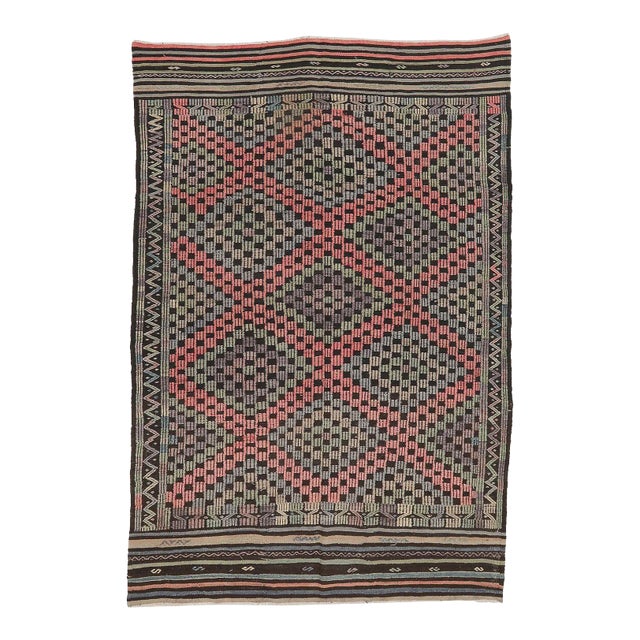 Mid 20th Century Vintage Decorative Embroidered Kilim Rug For Sale