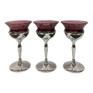 1950s Art Deco Amethyst Chrome Toasting Cups - Set of 3 For Sale