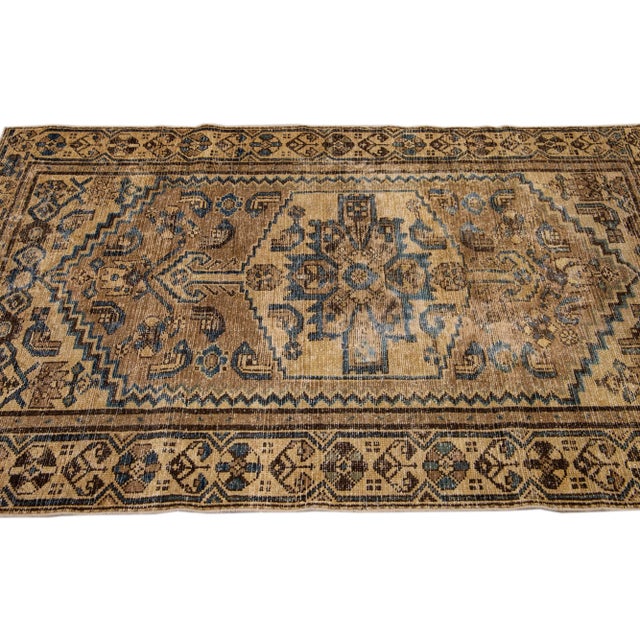 1960s 1960s Vintage Persian Distressed Handmade Geometric Brown Wool Rug For Sale - Image 5 of 7