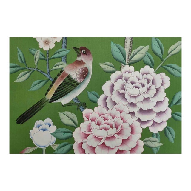 Hand Painted Bird & Peony Wallpaper Sample 8" × 12" | Luxury Chinoiserie Botanical Wallcovering | Custom Design Available For Sale