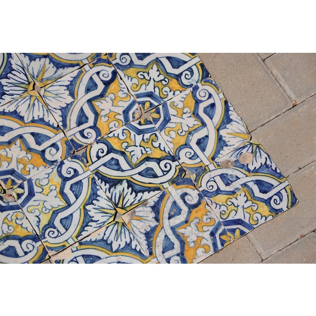 17th Century Portuguese Antique Tiles Set of 40 Blue, Yellow & White Geometric Floral For Sale - Image 14 of 18